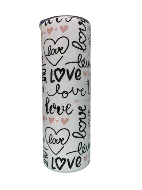 Vaso de acero inoxidable de 20 oz con texto "Corazón y amor"