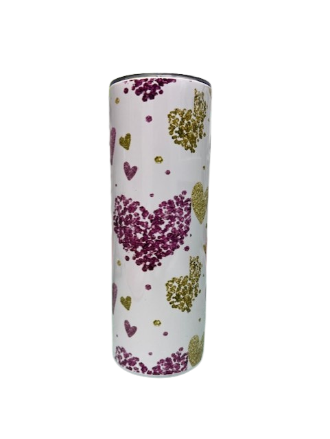 Vaso delgado de 20 oz con corazones de purpurina rosa y dorado