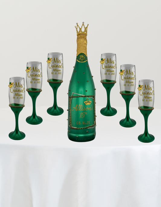 Custom Champagne or Wine Bottle + 6 Decorated Glasses ✨🥂