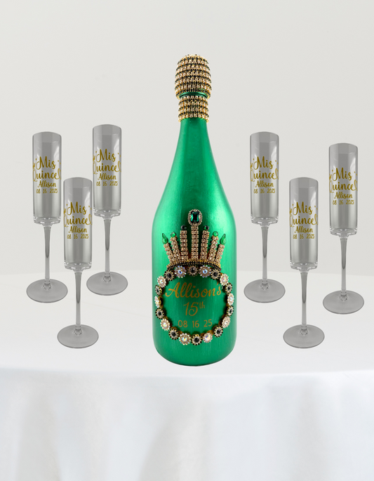 Custom 1.5L Champagne or Wine Bottle + 6 Decorated Flute Glasses 🥂✨