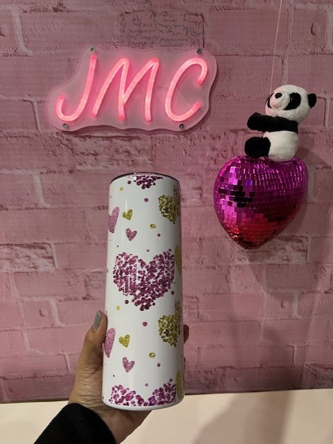 Vaso delgado de 20 oz con corazones de purpurina rosa y dorado