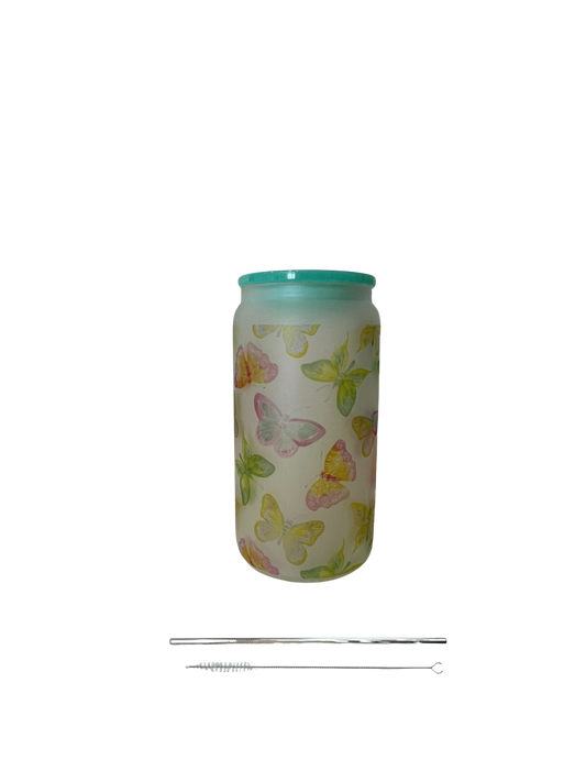 Vaso de vidrio esmerilado con forma de mariposa de 16 oz